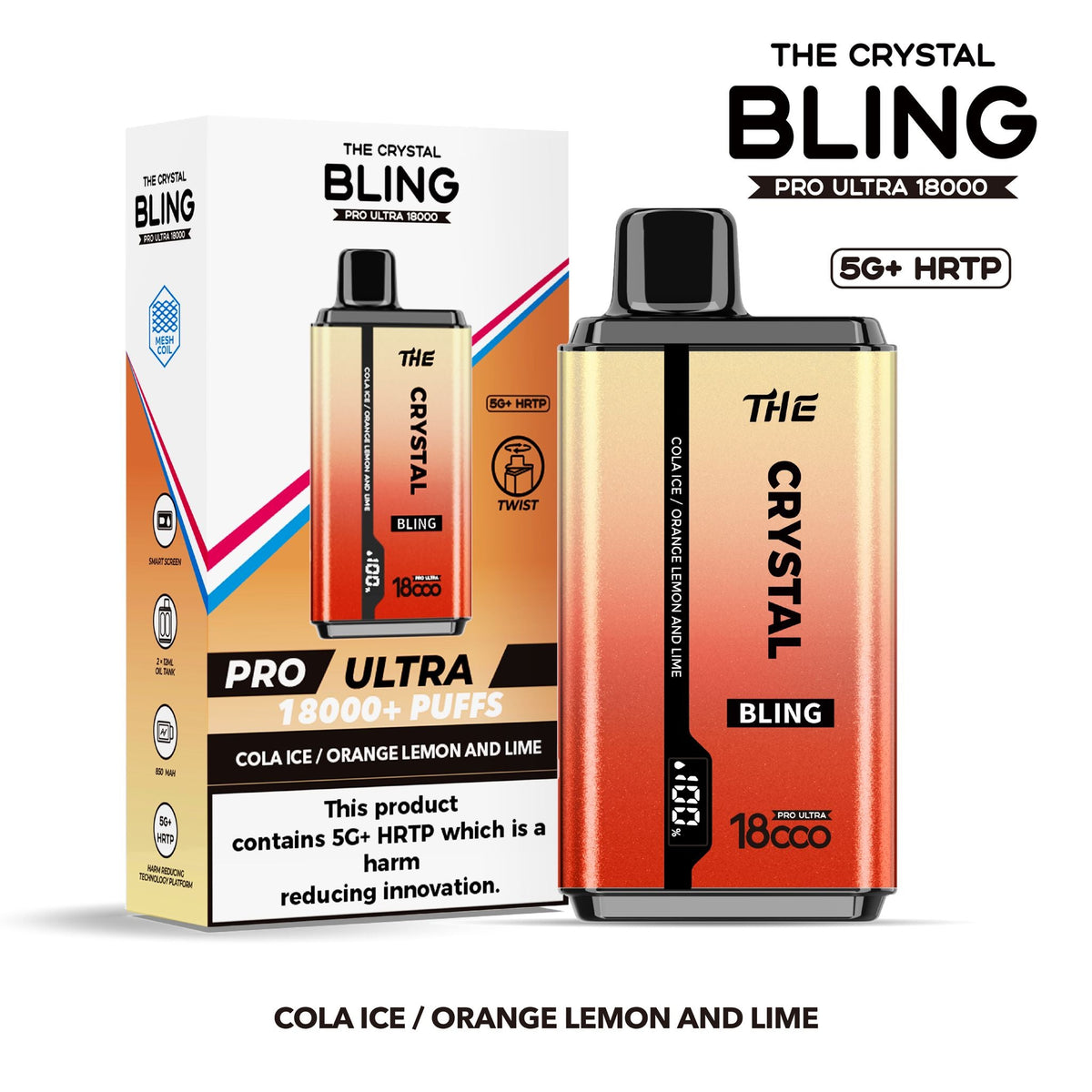 The Crystal Bling Pro Ultra 18000 Puffs Disposable Vape Box of 5 Cola Ice / Orange Lemon and Lime