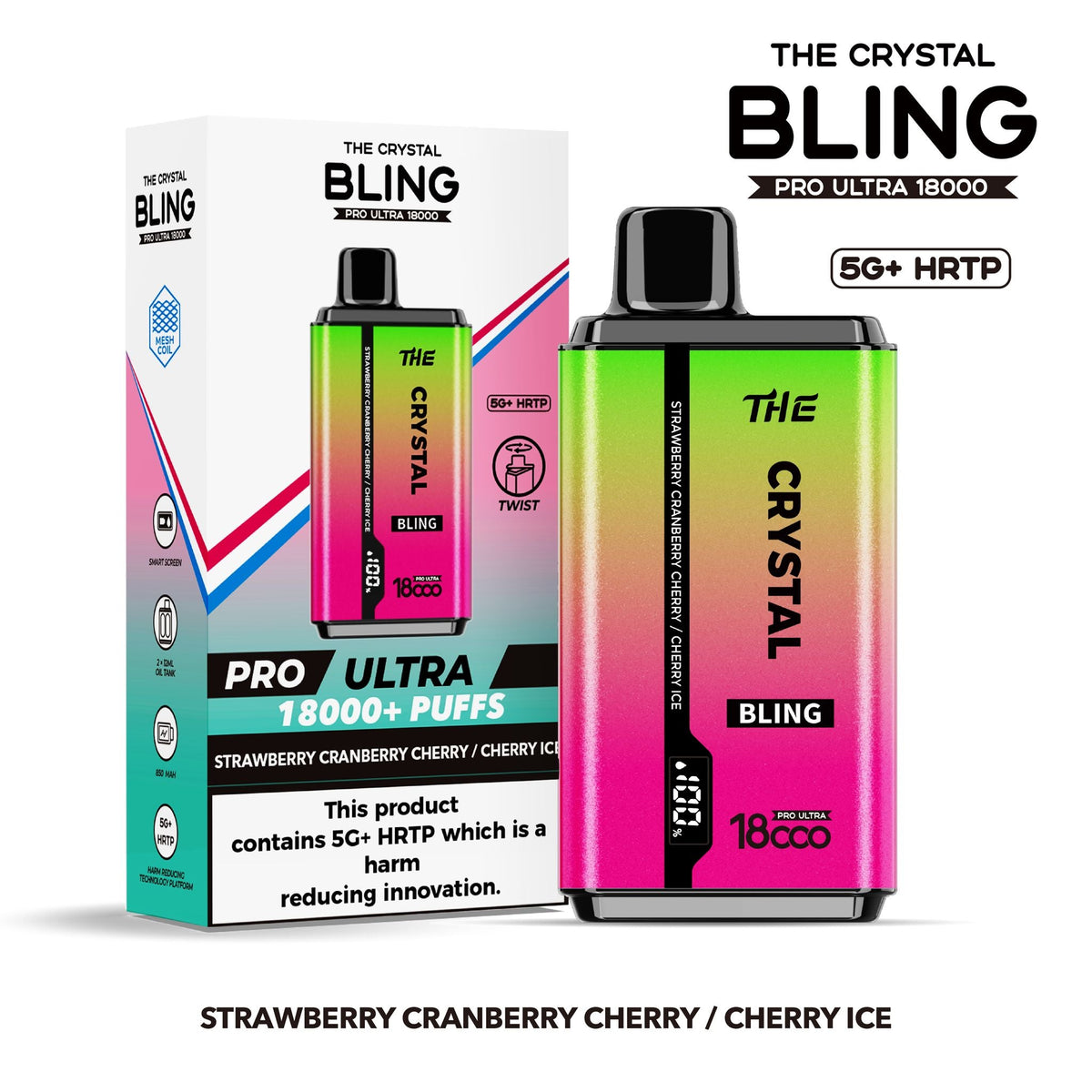 The Crystal Bling Pro Ultra 18000 Puffs Disposable Vape Box of 5 Strawberry Cranberry Cherry / Cherry Ice