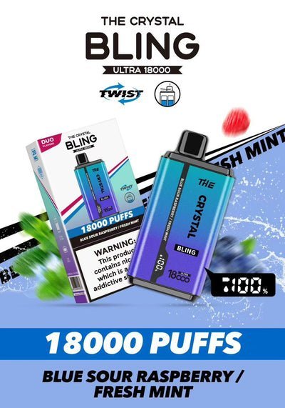 The Crystal Bling Pro Ultra Twist 18k Prefilled Pod Vape Box of 10 Blue Sour Raspberry / Fresh Mint