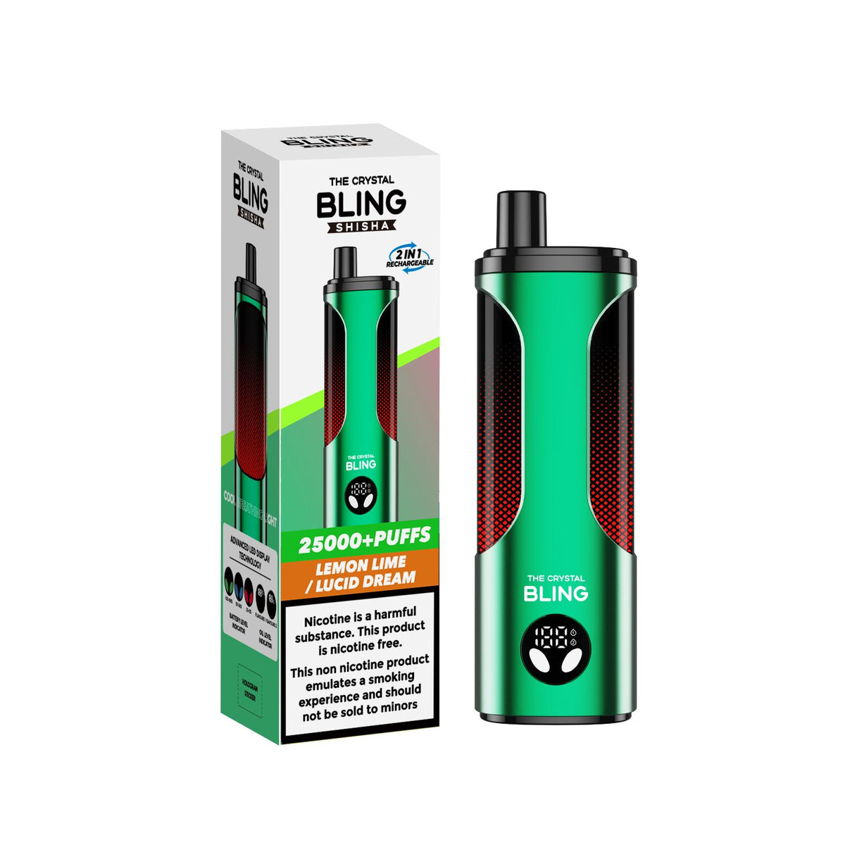 The Crystal Bling Shisha 25000 Prefilled Pod Vape Box of 5 Lemon Mint/Lucid Dream