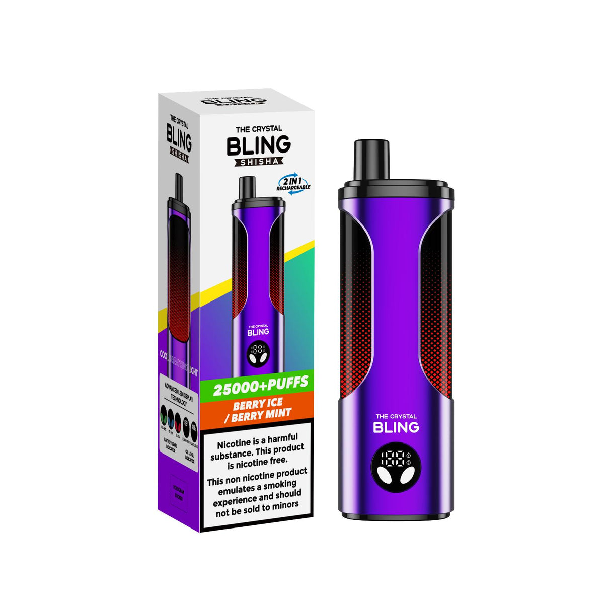 The Crystal Bling Shisha 25000 Prefilled Pod Vape Box of 5 Berry Ice/Berry Mint