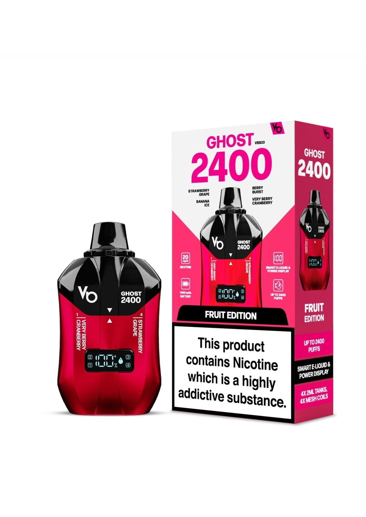 Vapes Bars Ghost 2400 Puffs Disposble Vape (Pack of 5) Fruit Edition (Multi Flavours)