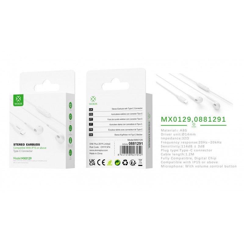 Woox MX0129 Fully Compatible TypeC Earphones with Mic, 1.2m, White