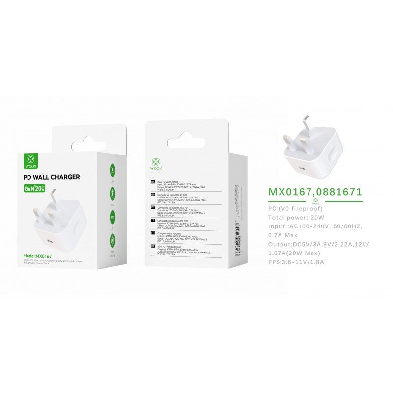 Woox MX0167 UK Type - C 20W PD Wall Charger without Cable, 5V 3A, White