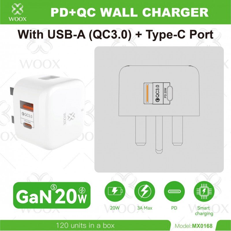 Woox MX0168 UK Type - C 20W PD & USB 3A QC Wall Charger without Cable, White
