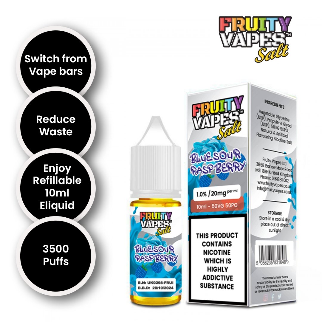 Fruity Vapes Salt 10ml Nic Salts Box of 10 Blue Sour Raspberry