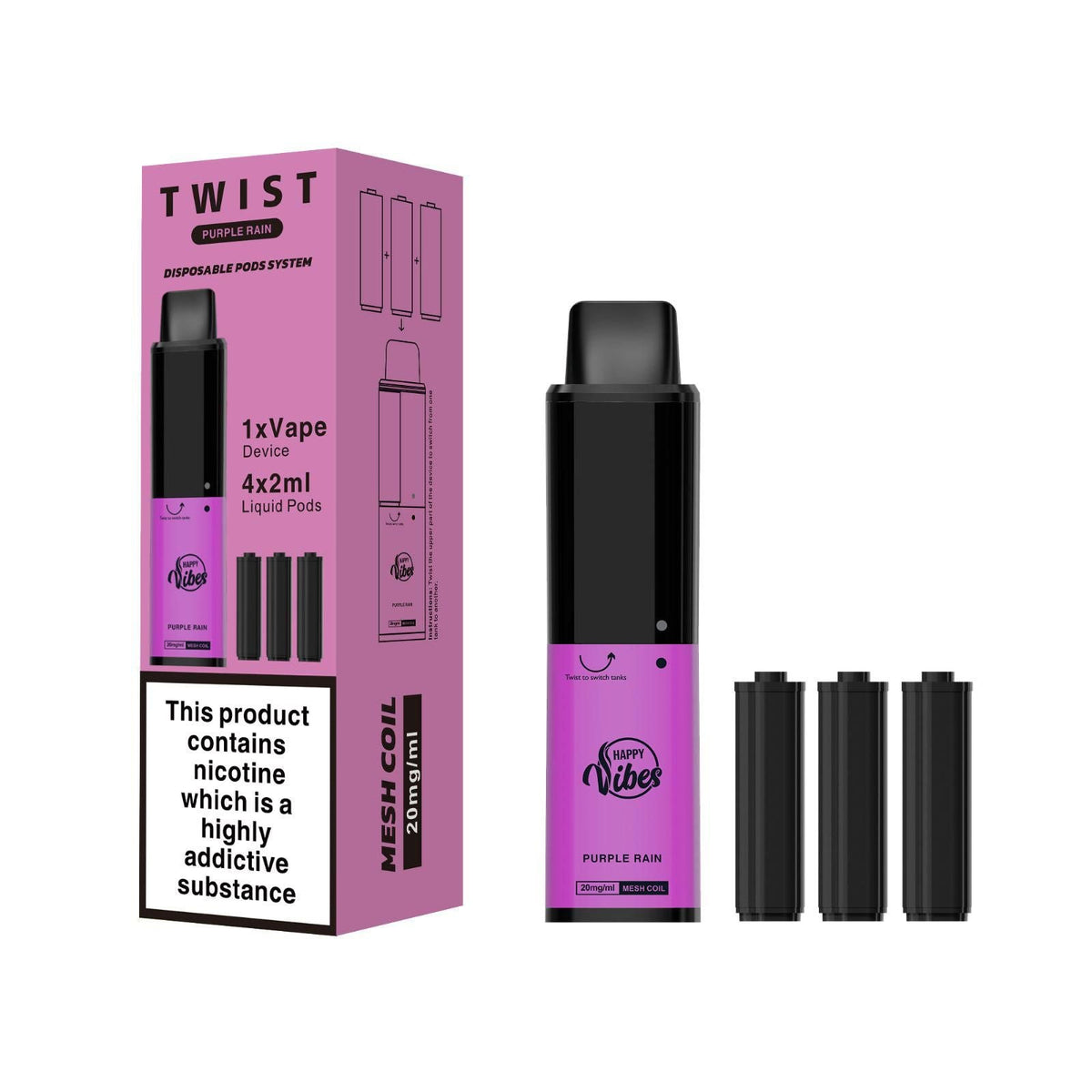 Happy Vibes Twist 2400 Disposable Vape Pen Box of 5 Purple Rain *New*
