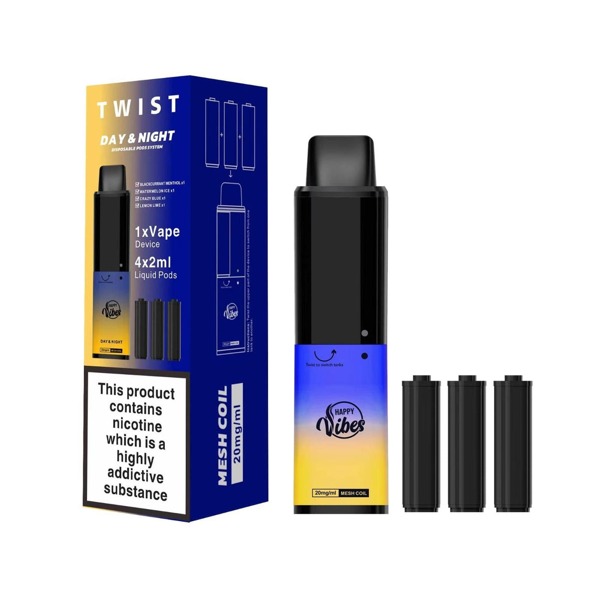 Happy Vibes Twist 2400 Disposable Vape Pen Box of 5 Day Night *New*