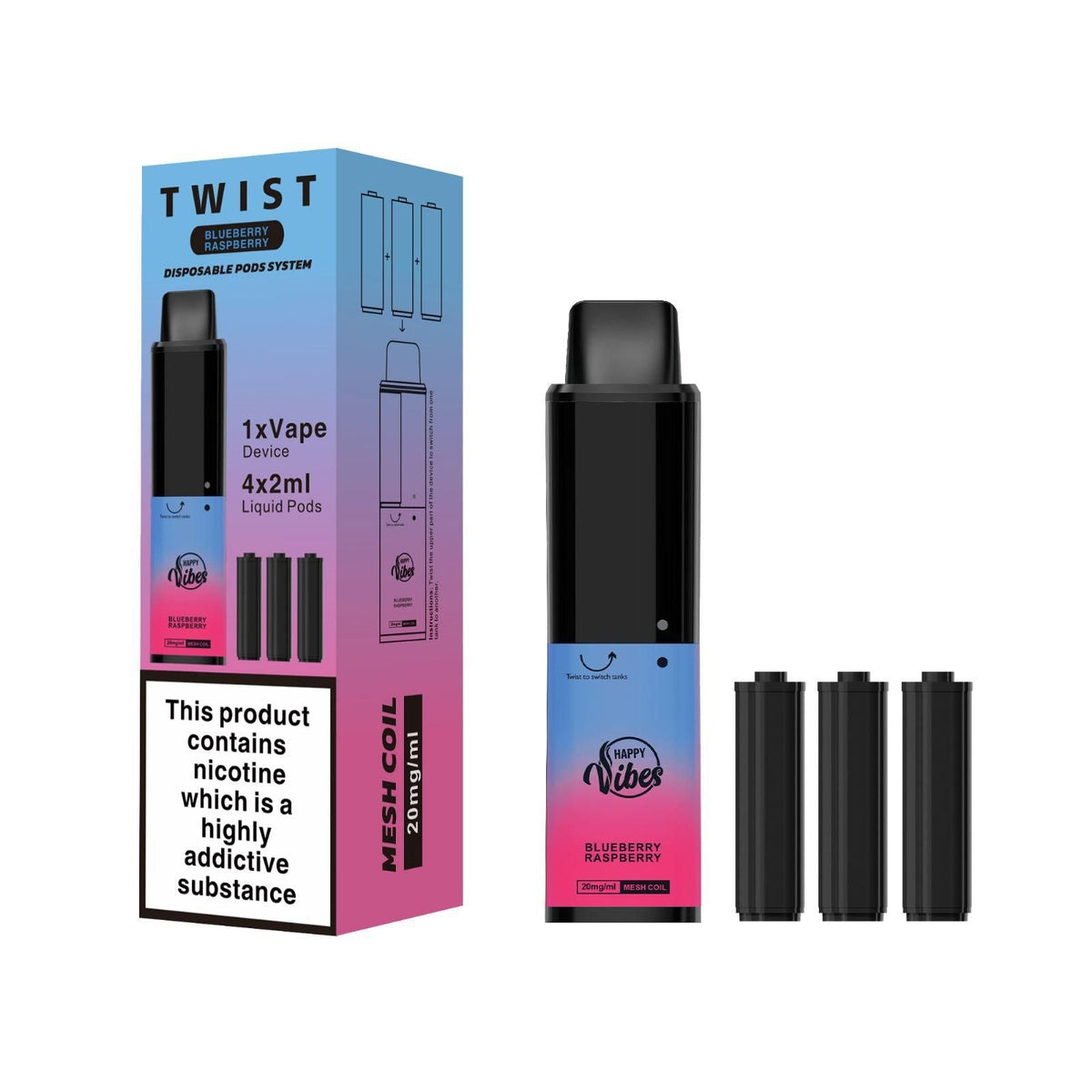 Happy Vibes Twist 2400 Disposable Vape Pen Box of 5 Blueberry Raspberry
