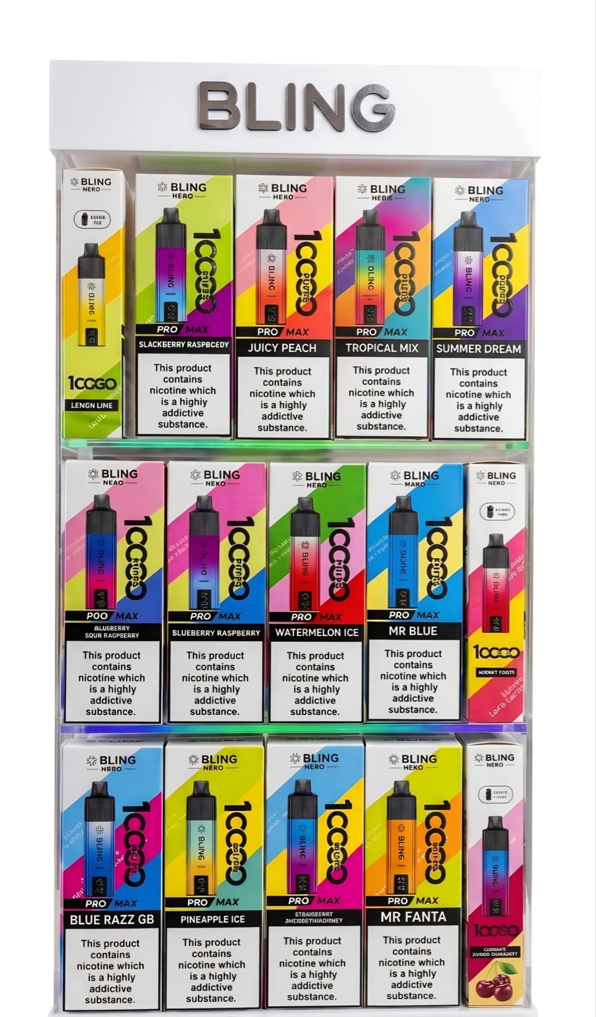 BLING 10K vape display stand with 15 assorted flavours