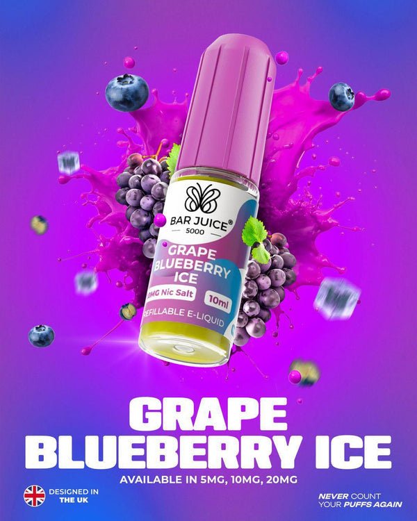 Bar Juice 5000 10ml Nic Salts E - liquids Box of 10 Grape Blueberry Ice *New*