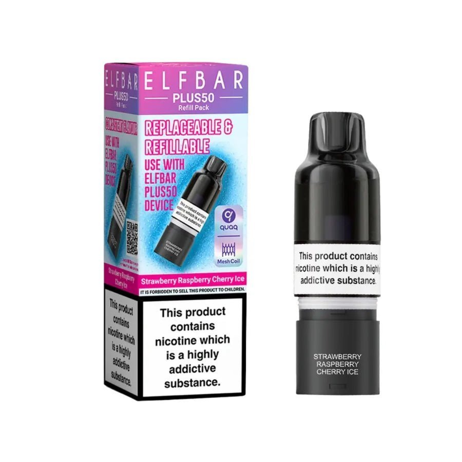 Elf Bar Plus 50 Refill Pods (Box of 5) Strawberry Raspberry Cherry Ice