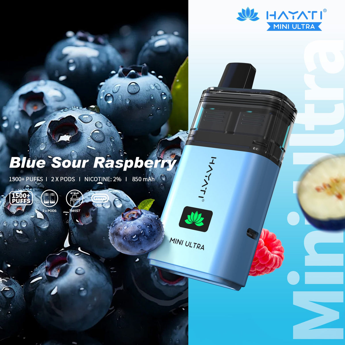 Hayati Mini Ultra 1500 Prefilled Pod Vape Kit Box of 5 Blue Sour Raspberry