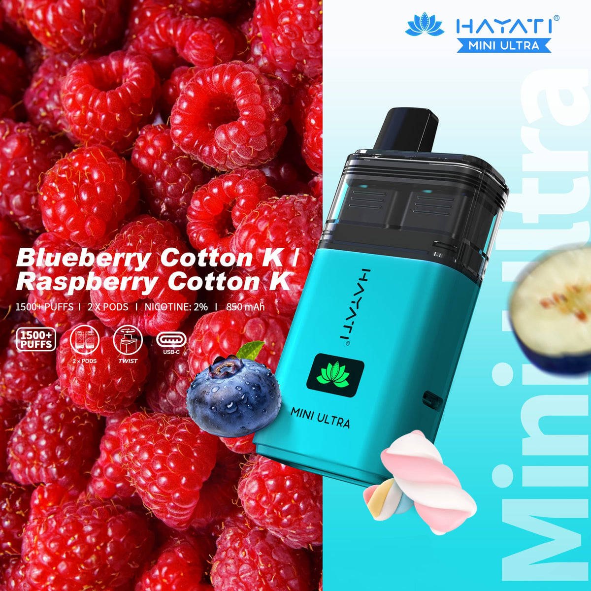 Hayati Mini Ultra 1500 Prefilled Pod Vape Kit Box of 5 Blueberry Cotton K / Raspberry Cotton K