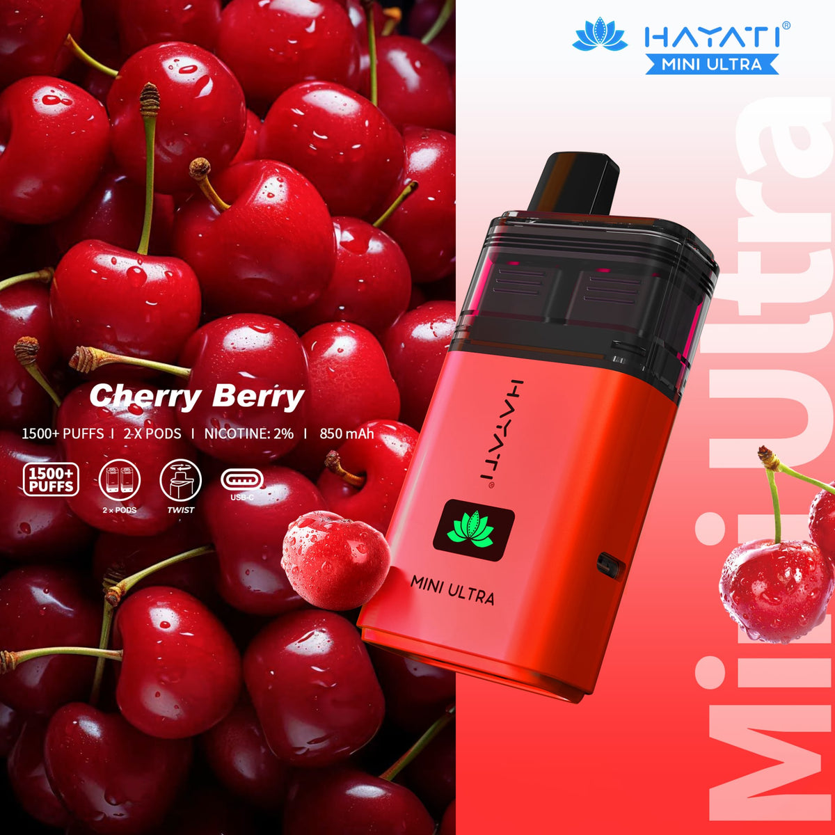 Hayati Mini Ultra 1500 Prefilled Pod Vape Kit Box of 5 Cherry Berry