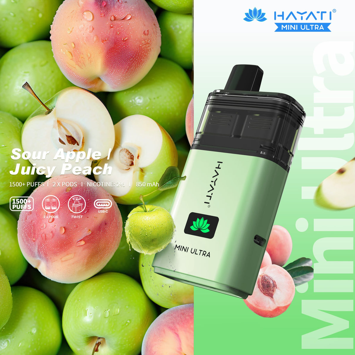 Hayati Mini Ultra 1500 Prefilled Pod Vape Kit Box of 5 Sour Apple / Juicy Peach