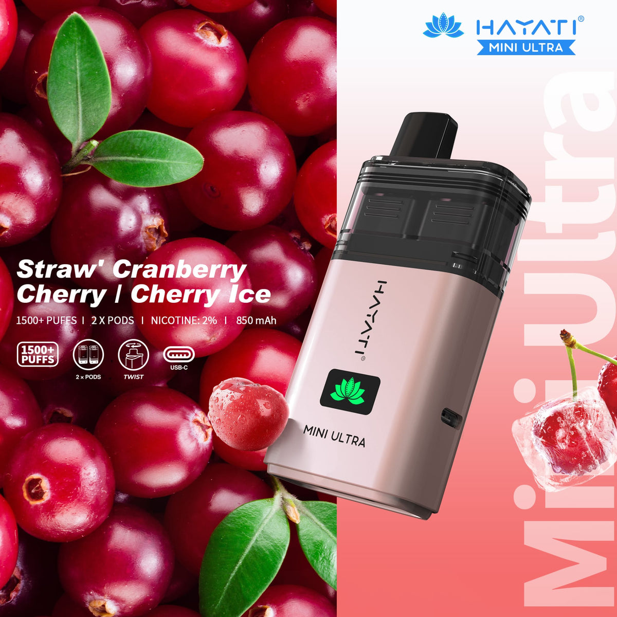 Hayati Mini Ultra 1500 Prefilled Pod Vape Kit Box of 5 Straw' Cranberry Cherry / Cherry Ice