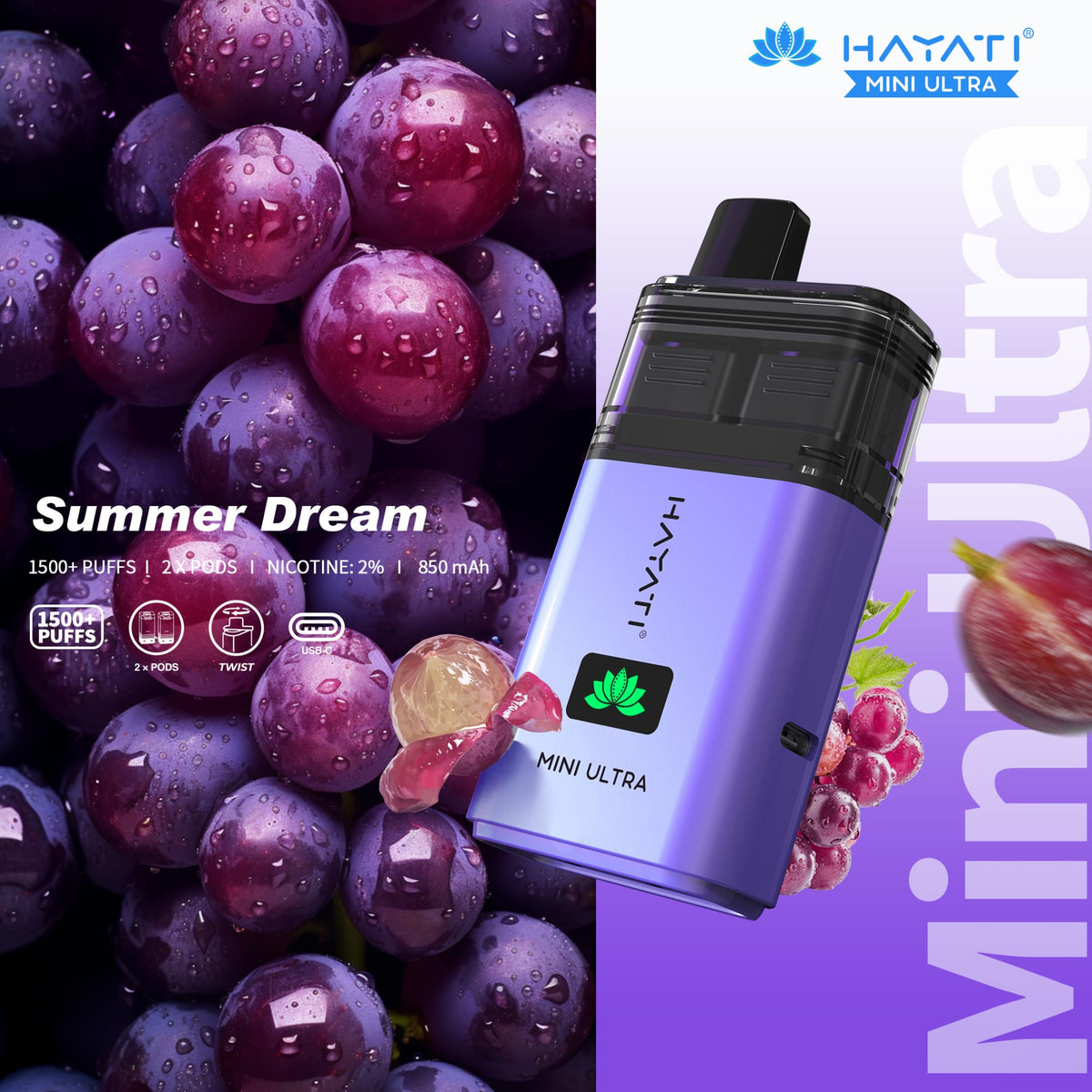 Hayati Mini Ultra 1500 Prefilled Pod Vape Kit Box of 5 Summer Dream