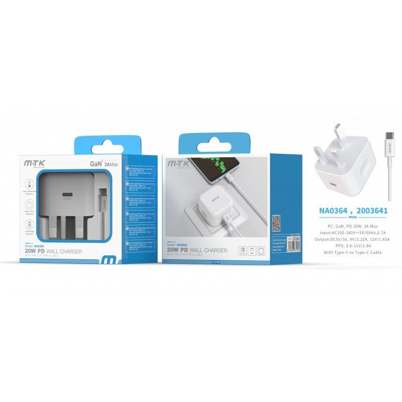 NA0364 Type - C 20W PD Wall Charger with Type - C to Type - C Cable, 5V 3A, White