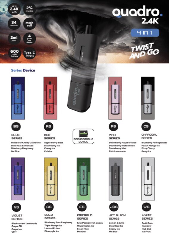 Quadro 2400 Puffs 4 in 1 Disposable Vape Pod Box of 5 - Bulk Vape Wholesale