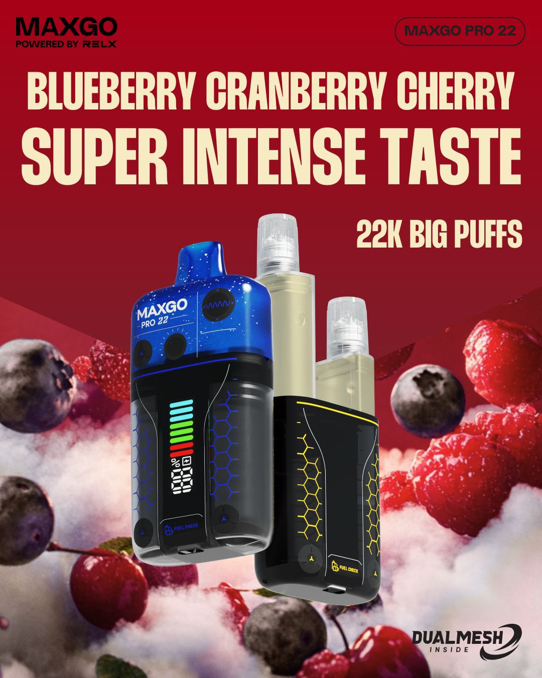 RELX Maxgo 22k Prefilled Pod Vape Kit Box of 5 Blueberry Cranberry Cherry