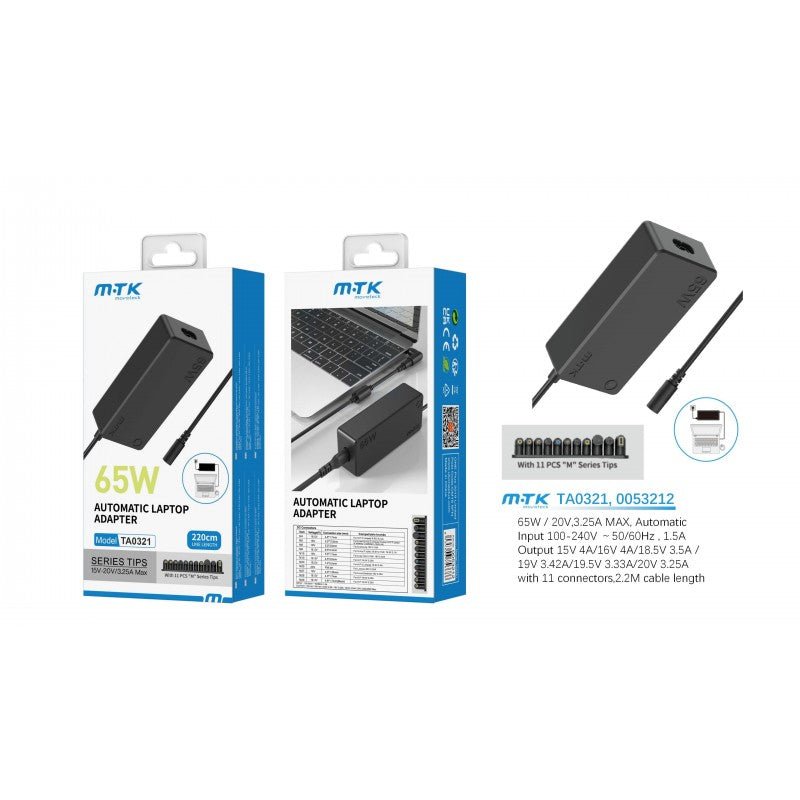 TA0321 65W Automatic Universal Laptop Charging Adapter, 11pcs "M"series tips, 1.2M, Input: 100 - 240V 60Hz/50Hz 1.5A, Output:15V - 20V 3.25A Max, Black