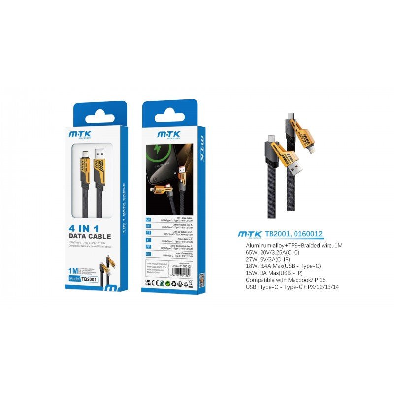 TB2001 4in1 Charging & Data Cable, USB + Type - C to Type - C + Lightning, C - C 65W, C - L 27W, USB 5V3A, 1M, Black