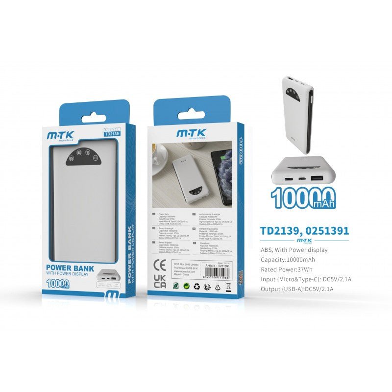 TD2139 10000mAh Power Bank, 5V2A with LED indicator, White
