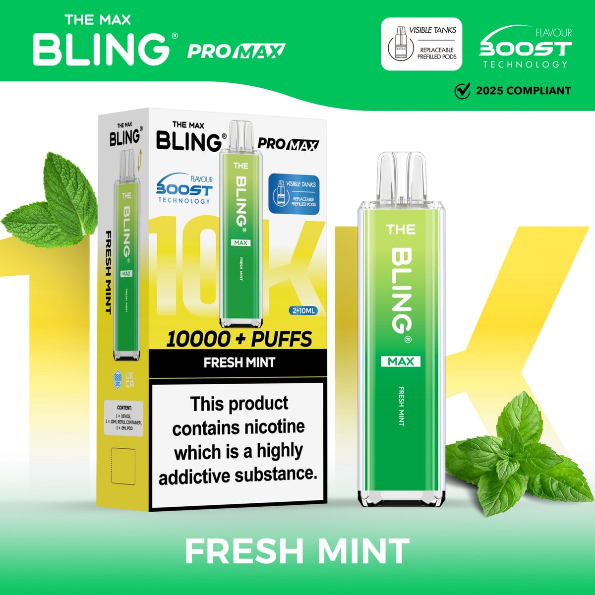 The Crystal Bling Max 10000 Prefilled Vape Pod Kit Box of 5 Fresh Mint