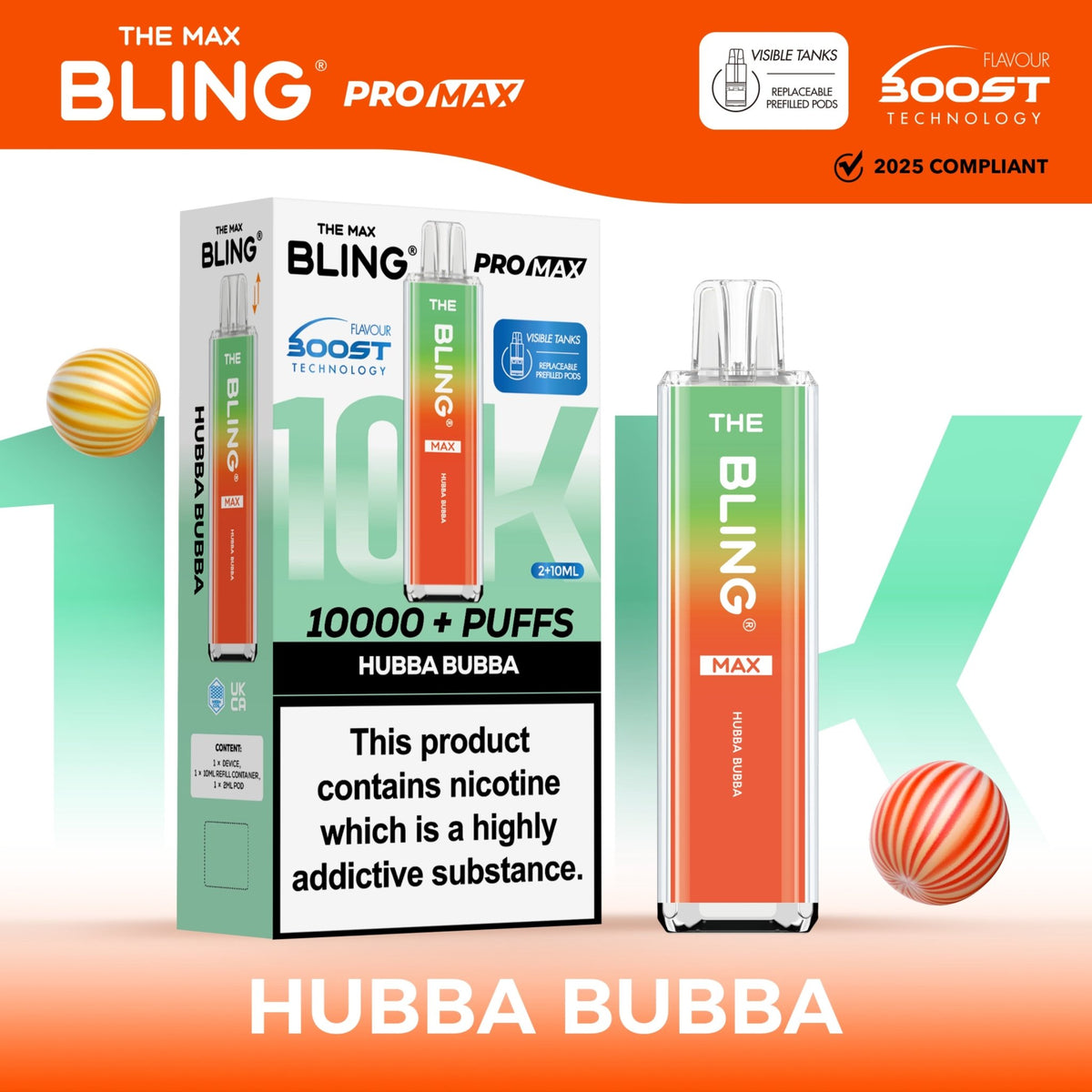 The Crystal Bling Max 10000 Prefilled Vape Pod Kit Box of 5 Hubba Bubba