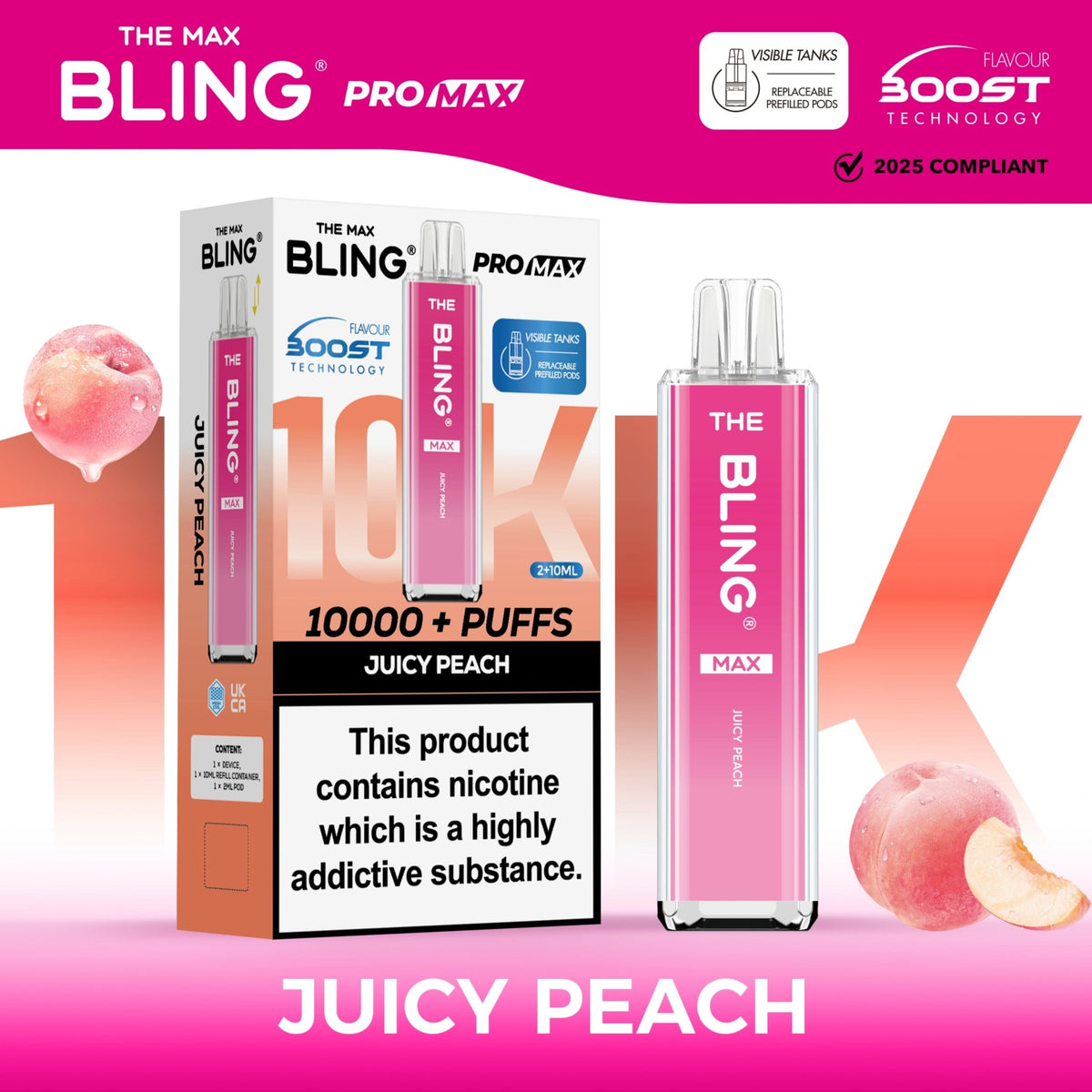 The Crystal Bling Max 10000 Prefilled Vape Pod Kit Box of 5 Juicy Peach