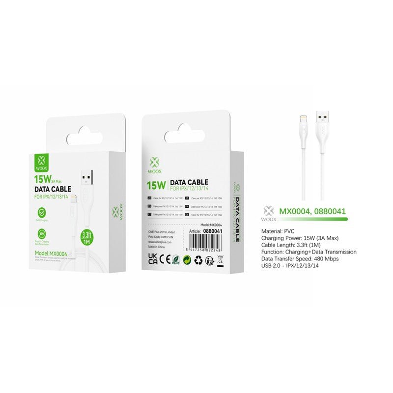 Woox MX0004 USB to Lightning PVC Data Cable, 15W 3A Max, 3.3ft 1m, White