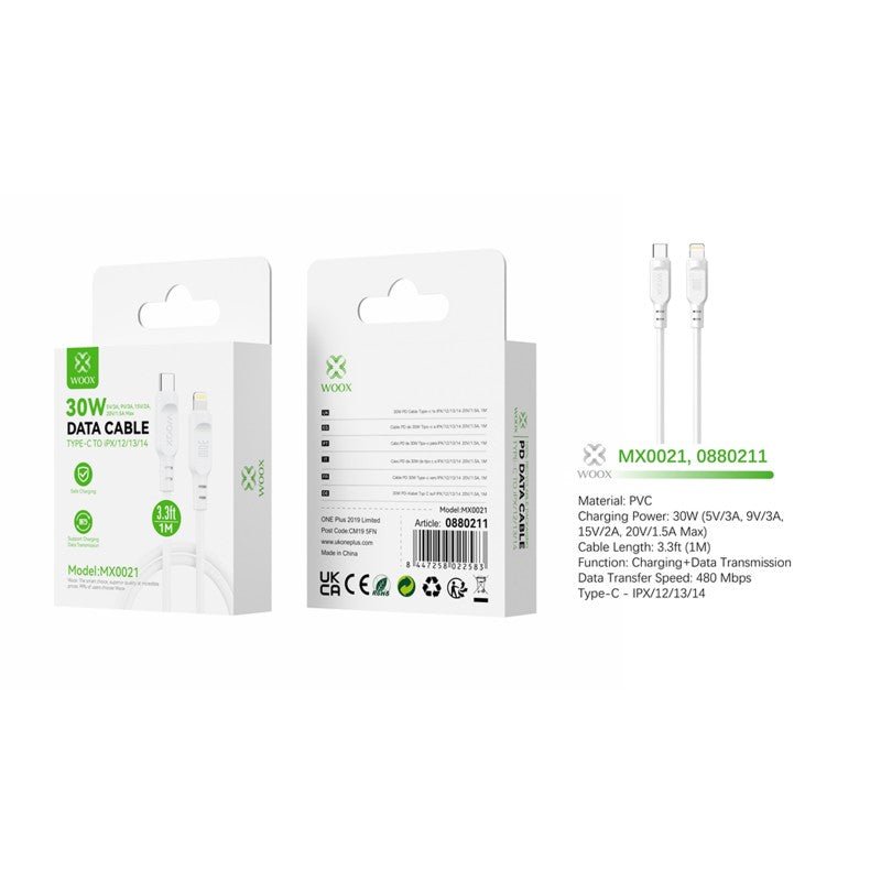 Woox MX0021 Type C to Lightning PVC Data Cable, 30W - 5V/3A, 9V/3A, 15V/2A, 20V/1.5A Max, 3.3ft 1m, White