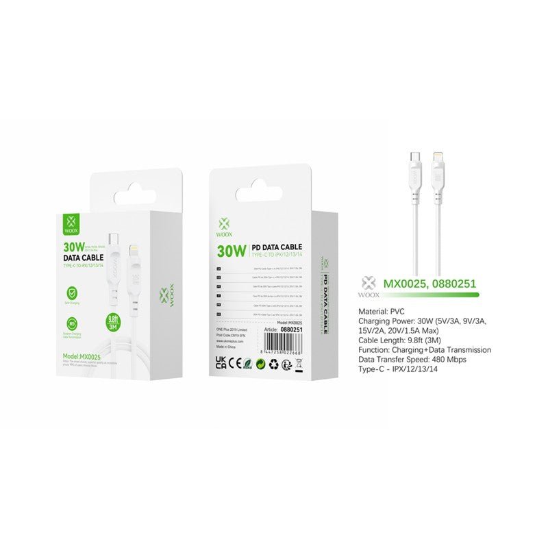 Woox MX0025 Type - C to Lightning PVC Data Cable, 30W - 5V/3A, 9V/3A, 15V/2A, 20V/1.5A Max, 9.8ft 3m, White