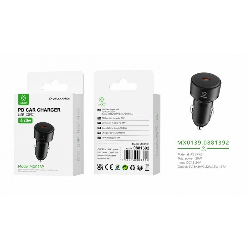 Woox MX0139 Single PD 20W Car Charger without cable, Black