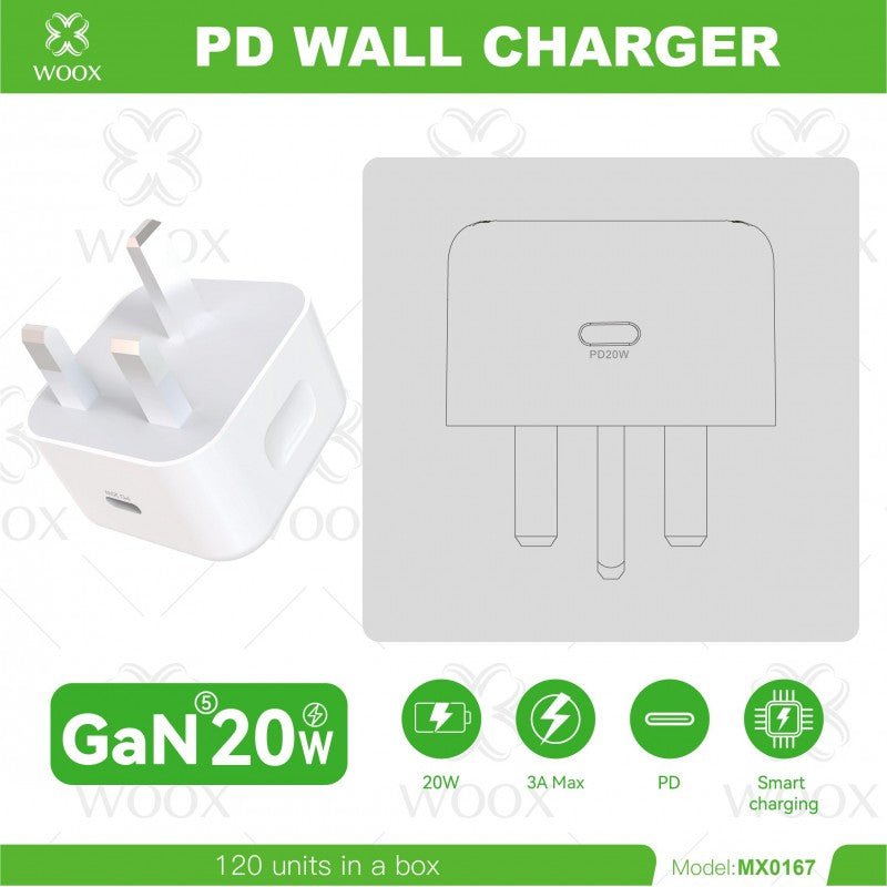 Woox MX0167 UK Type - C 20W PD Wall Charger without Cable, 5V 3A, White