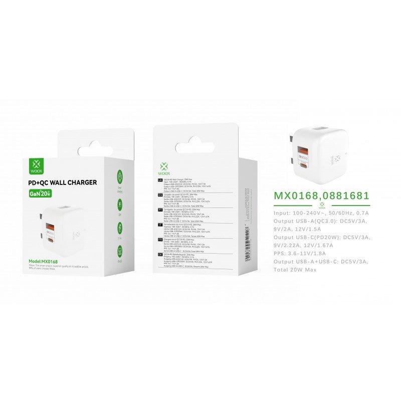 Woox MX0168 UK Type - C 20W PD & USB 3A QC Wall Charger without Cable, White