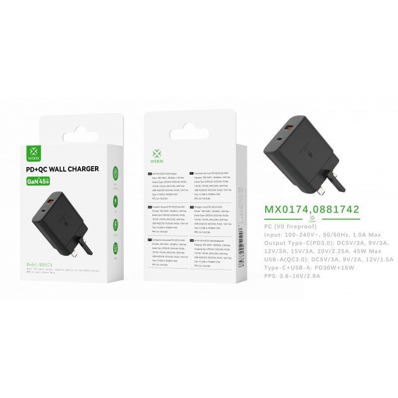 Woox MX0174 UK Folding Pin Type - C 45W PD & USB 3A Wall Charger, without cable, 5V 3A, Black