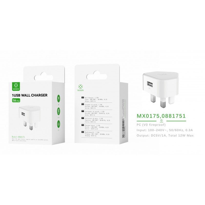Woox MX0175 UK Single USB 1A Wall Charger without cable 5V 1A, White