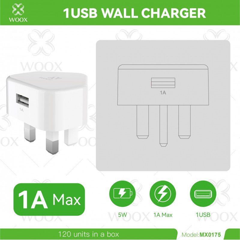 Woox MX0175 UK Single USB 1A Wall Charger without cable 5V 1A, White
