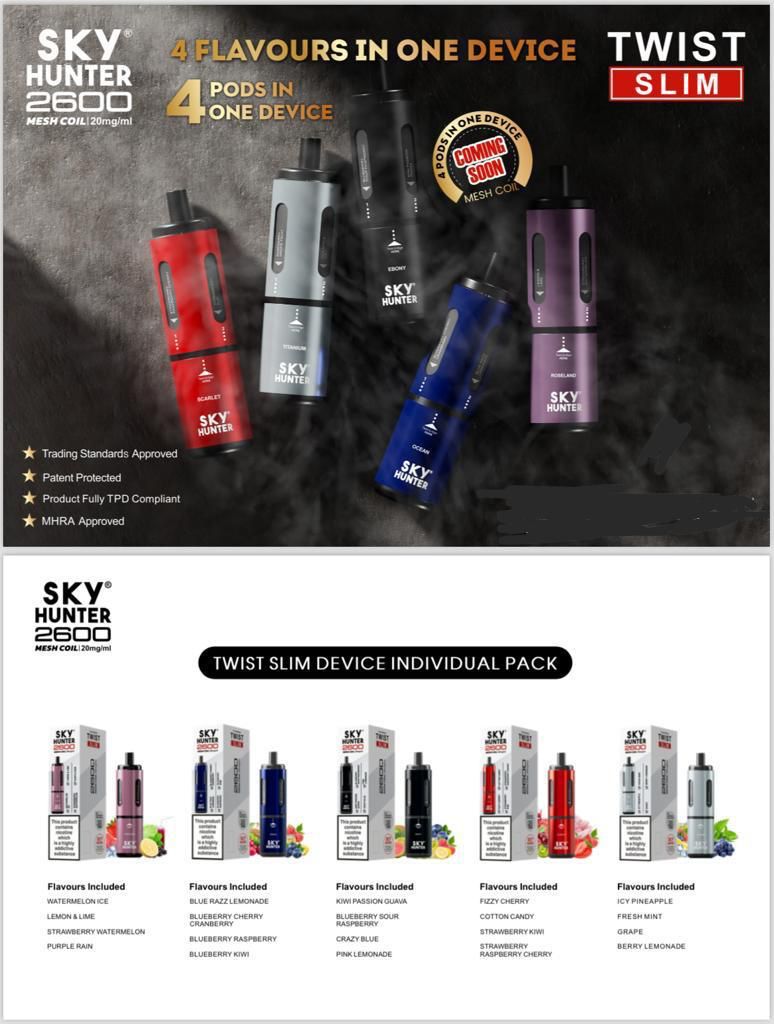4 in 1 Sky Hunter 2600 Puffs Disposable Vape Pod Kit Pack of 5 - Bulk Vape Wholesale